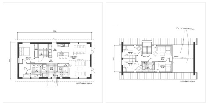 Planskiss över hus med två plan, stora öppna ytor och två allrum utan dörr emellan.