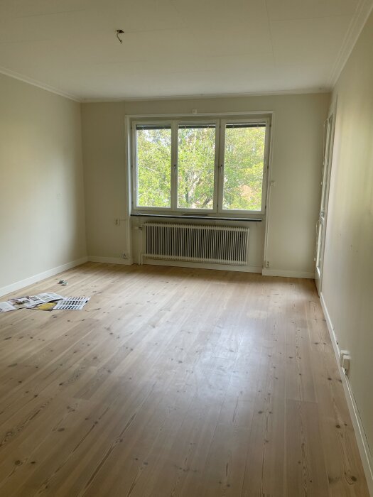 Tomt rum med trägolv och stora fönster som släpper in ljus. Tidningar ligger på golvet, väggen är ljus och beige.