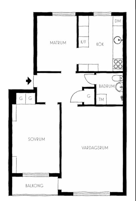 Planskiss över lägenhet med matrum, kök, badrum, sovrum med balkong och vardagsrum. Köket är anslutet till matrummet.