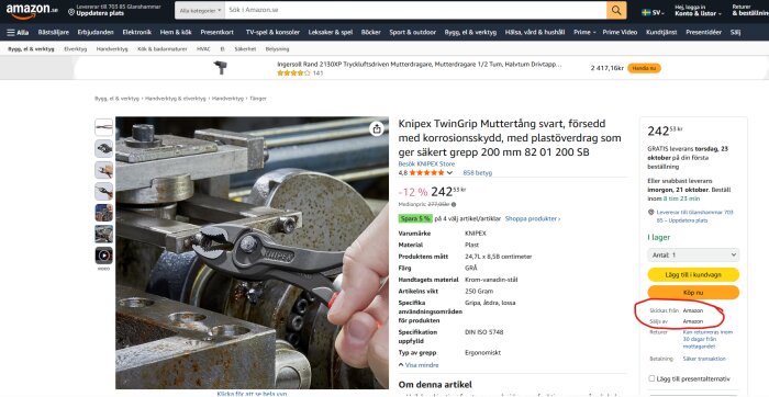 Tång från Knipex används på en metallmaskin. Produktinformation från Amazon är synlig bredvid.