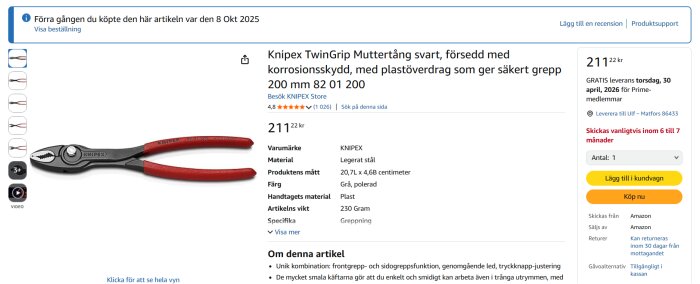 Knipex TwinGrip Muttång med rött plastöverdrag och en svart huvuddel visas på Amazon-produktsida. Verktyget är 200 mm långt.