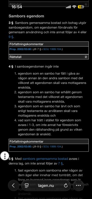 Skärmdump av lagtext från Lagen.nu som behandlar sambors egendom, inklusive författningskommentar och hänvisningar till propositioner.