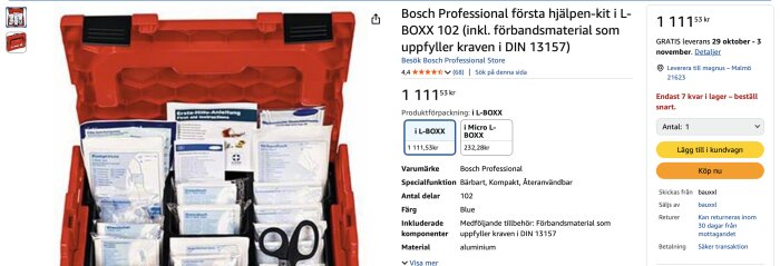 Röd Bosch Professional förstahjälpen-kit med förbandsmaterial och instruktioner, öppet lock visar innehåll som kompresser, sax och manualer.