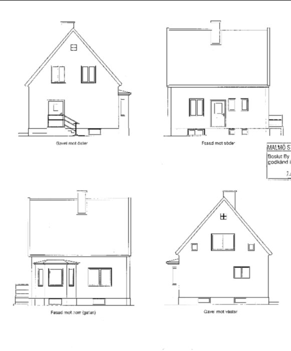 Fyra arkitektritningar av ett hus som visar gavel och fasad från olika riktningar.