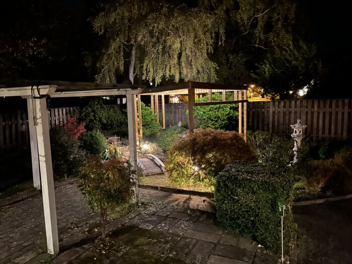 Trädgård med nattbelysning, pergola och japansk stenträdgård under upplyst trädkrona.