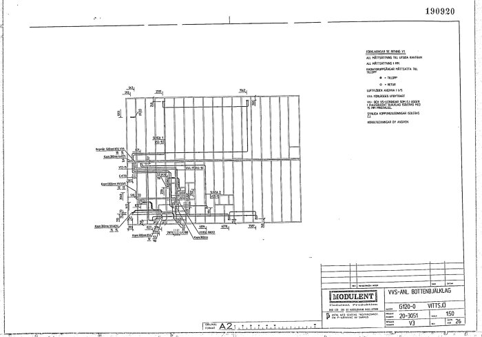 Byggritning av ett hus som visar VVS- och bottenbjälklagsplaner, med rödmarkerad vägg som planeras att rivas mellan kök och vardagsrum.