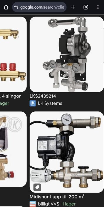 Bild på golvvärmeshunt från LK Systems, med flera rör och ventiler, fördelad för uppvärmningssystem.