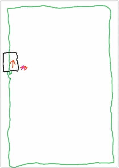 Skiss av laddare och begränsningskabel till robotgräsklippare; kabeln passerar under laddaren enligt beskrivning i texten.