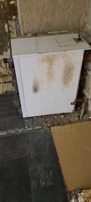 Gammal vit värmepanna med rost- och smutsfläckar på en sliten vägg bakom. Golv med svarta klinkerplattor och en bit oskyddad isolering.