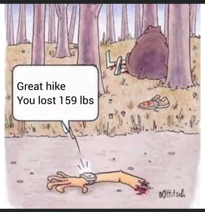Tecknad bild av en arm med en klocka på marken, texten säger "Great hike, you lost 159 lbs" medan en björn sitter i bakgrunden med människoliknande ben.