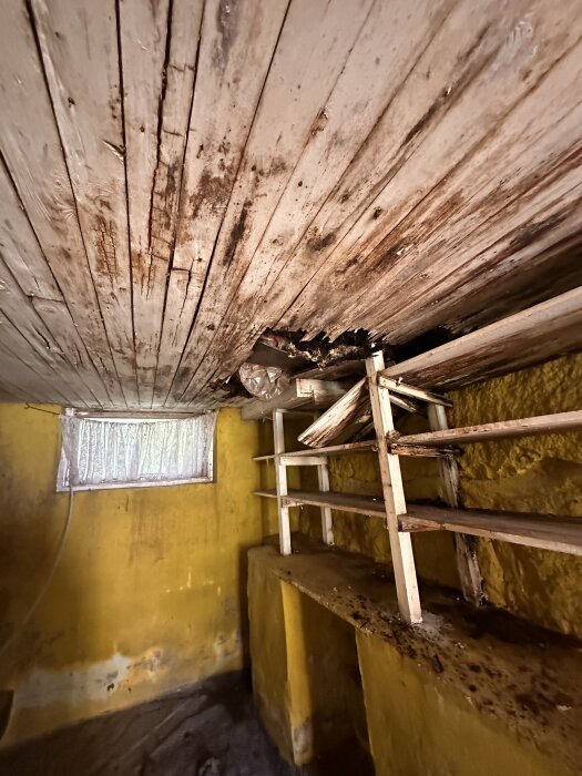 Fuktskador i innertaket under ett gammalt badrum, visas med träbjälkar och gulmålad vägg med ett litet fönster, del av ett sekelskifteshus.