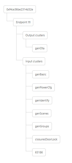 Diagram över enhetens klusterkonfiguration, inklusive output cluster (genOta) och flera input clusters som genBasic och genPowerCfg.
