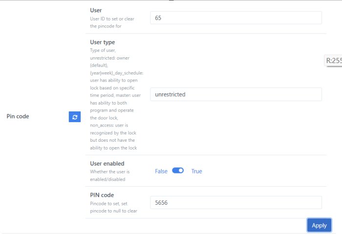 Användarinställningar för PIN-kod och behörigheter med alternativ för användartyp, aktivera status och knappen "Apply".