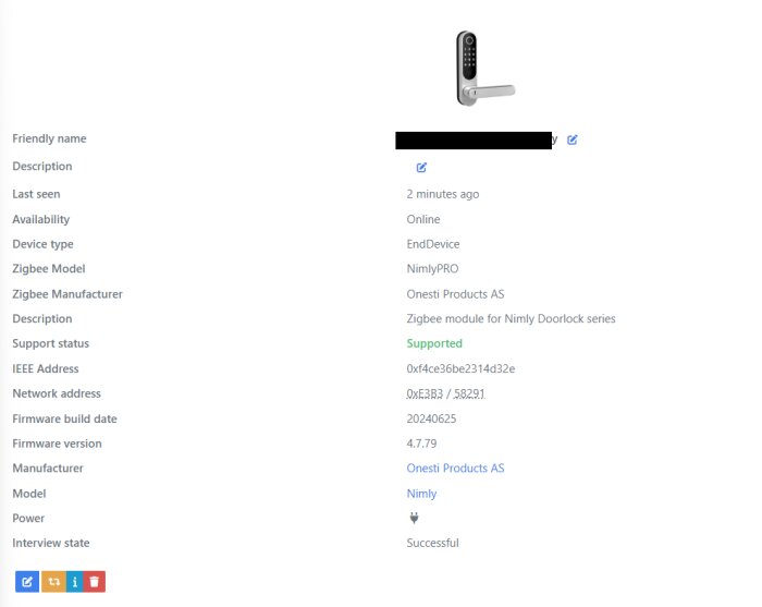 Skärmdump som visar inställningar för en Zigbee-modul från NimlyPRO dörrlåsserie, inklusive tillverkar- och firmwareinformation.