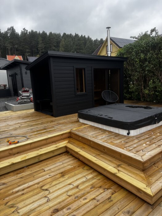 Svart bastubyggnad med skorsten, omgiven av träaltan och trädäck, med utsikt mot träd och andra byggnader i bakgrunden.