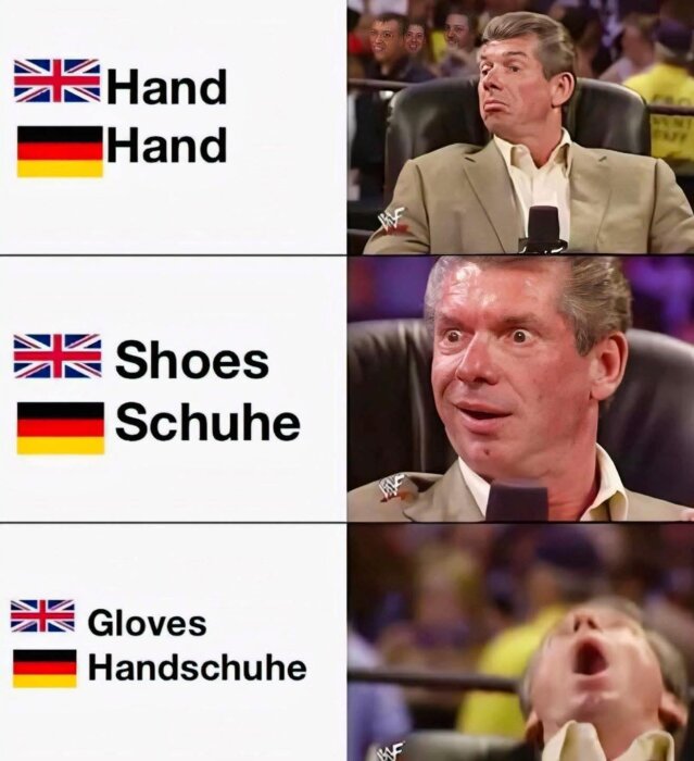 Engelsk och tysk text om Hand, Schuhe, Handschuhe med en man som reagerar förbluffat i fyra olika bilder.