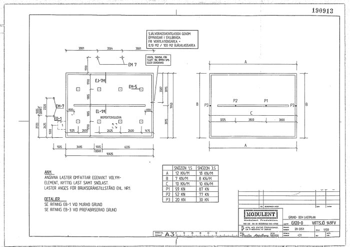Arkitektritning som visar sektionsritningar med dimensioner och lastangivelser. Inga K-ritningar finns just nu, diskuteras i ett forum.