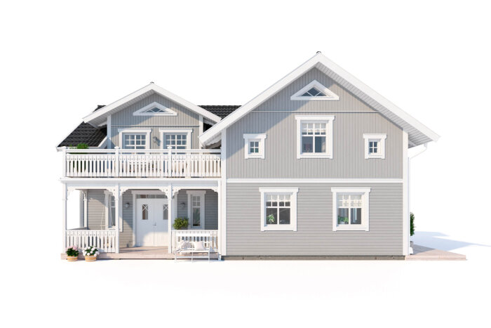 Grå tvåvåningshus med vita detaljer och övervåningens balkong, inspirerat av kaptensgården från Eksjö hus.