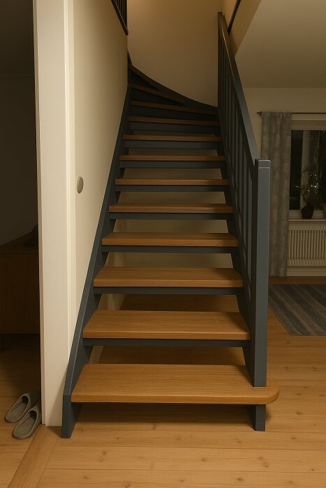 Trappa med lackat räcke och steg i trä, sedd från bottenvåningen, i ett hem med ljus interiör och trägolv.