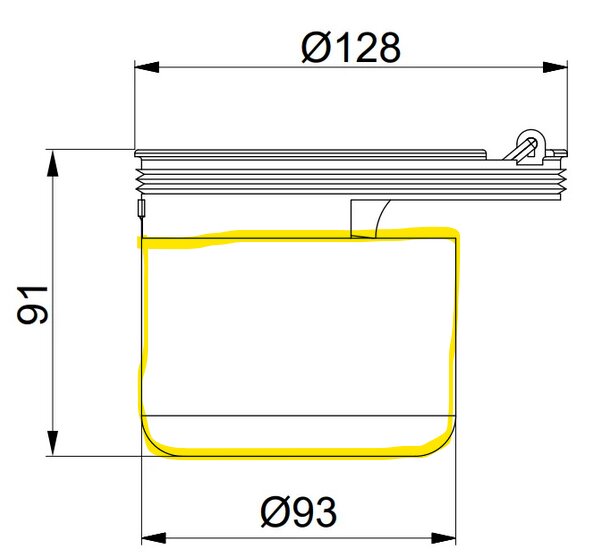 Teknisk ritning av en cylinder med måtten Ø128 mm, höjd 91 mm och basdiameter Ø93 mm, samt lockdetaljer ovanpå.