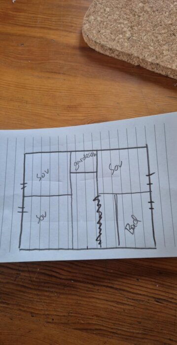 Handritad planlösning med sovrum, badrum och garderob på rutat papper liggande på ett träbord.