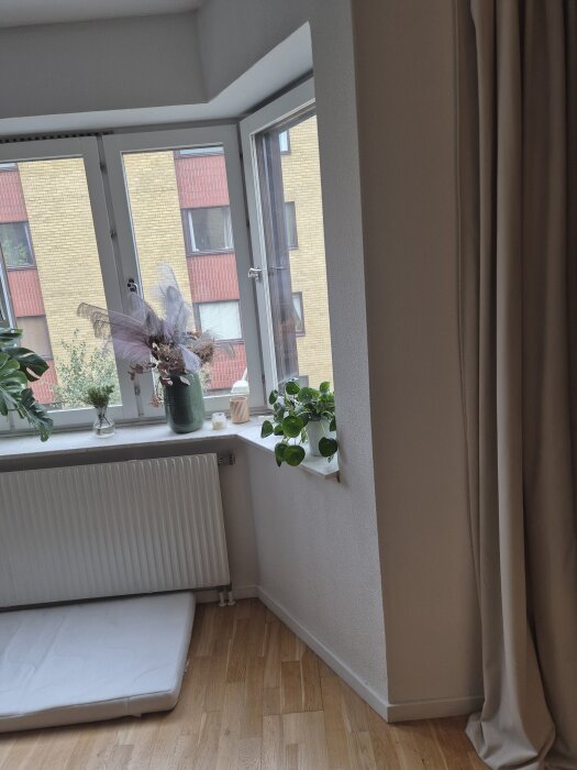 Ett burspråk med fönster, blommor och krukväxter. Ett element under fönstren på en ljus vägg med träparkettgolv och gardiner.