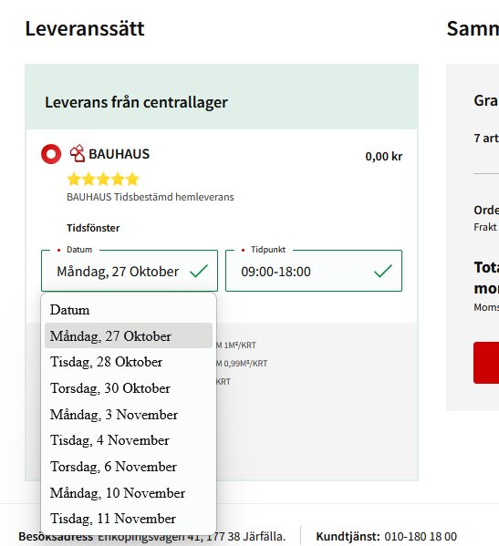 Skärmbild av Bauhaus leveranssätt där man kan välja leveransdatum och tid. Datum valt: Måndag, 27 oktober. Tid: 09:00-18:00.