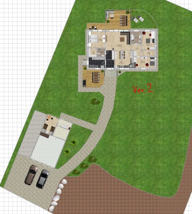 Översikt över tomtskissen med hus, garage och grusgångar, markerad med "Ver. 2". Huset är omgivet av gräs och gångar av krossat singel eller liknande.