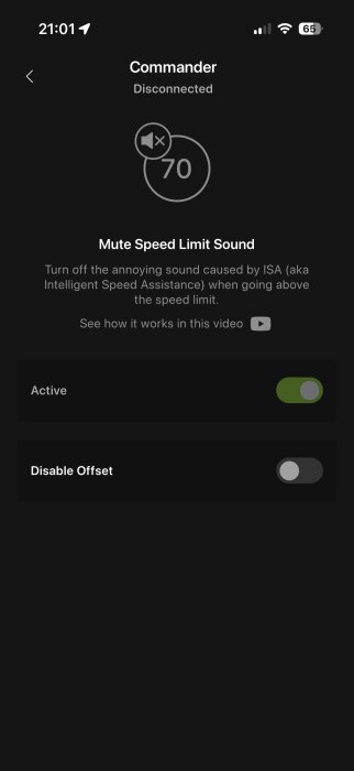 App-sida för Enhauto Commander som visar funktion för att stänga av ljud vid hastighetsbegränsning, med en aktiv omkopplare.