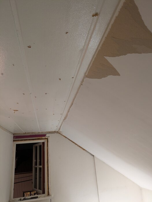 Gipstak med ojämnt avslut vid övergången till en ny vägg, fönster till vänster, delvis exponerat trä bakom gips.