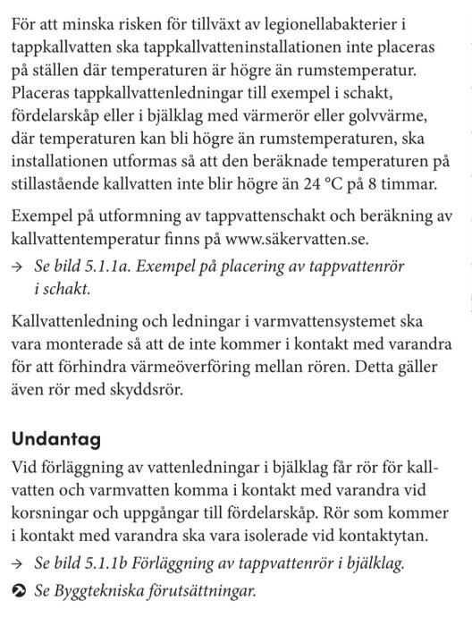 Text från Säker Vatten om placering och förläggning av tappvattenledningar för att minimera risk för legionellabakterier.