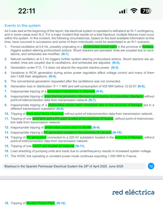 Incidentrapport om strömavbrott i Spanien med en lista av händelser och problem relaterade till sol- och vindkraft samt kärnkraftverk.
