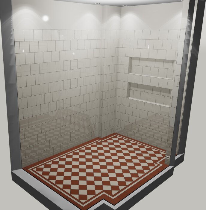 Duschhörna med vita väggplattor och ett rödvitt rutigt golv med fris.