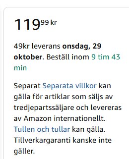 Skärmbild av en Amazon-köpsida som visar priset 119,99 kr och detaljer om leverans och villkor för en produkt.