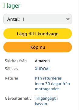 Produktbeställningssida från Amazon med alternativ att lägga till i kundvagn, antal och information om returpolicy och frakt.