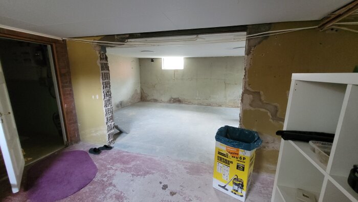 Orenoverad källare med avskalade väggar och fönster, pågår behandling mot mögel. Kartong och plastpåse syns i förgrunden.