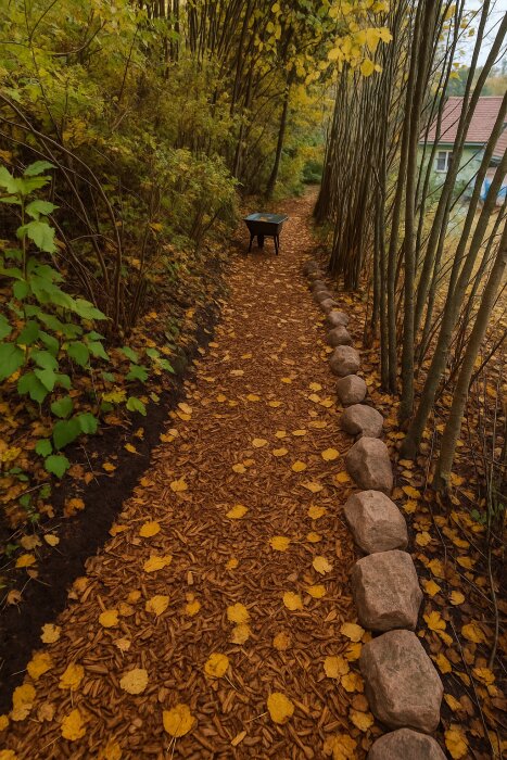 Stig av täckbark mellan träd och buskar, kantad av stenar, med skottkärra i bakgrunden, täckt av gula höstlöv.