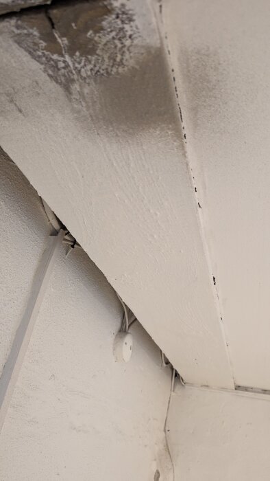 Bilden visar vitmålade bjälkar i taket med synliga fläckar där färgen är avskrapad.