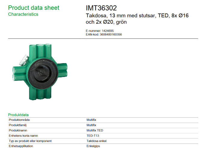Grön takdosa Multifix TED med knock-out hål, 13 mm, 8x Ø16 och 2x Ø20, produktdata och specifikationer.