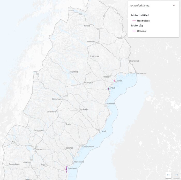 Karta över norra Sverige med markeringar för motorvägar vid Sundsvall, Piteå och Luleå.