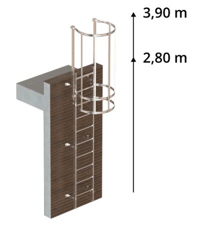 Väggmonterad stege med skyddsbåge, monterad på en vägg, höjdmarkeringar vid 2,80 m och 3,90 m.
