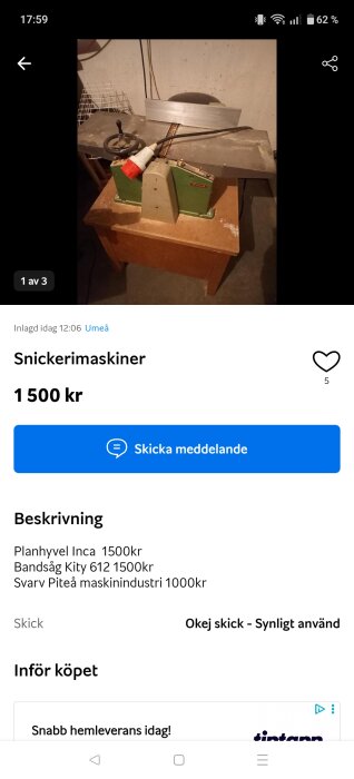 Planhyvel av märket Inca placerad på ett bord i ett rum med verktyg i bakgrunden.