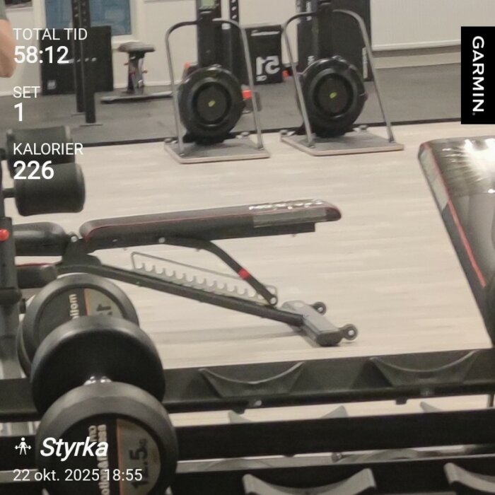 Träningsutrustning på ett gym med kettlebells och en justerbar bänk. Information om träningspass visas, inklusive tid, set och kalorier.