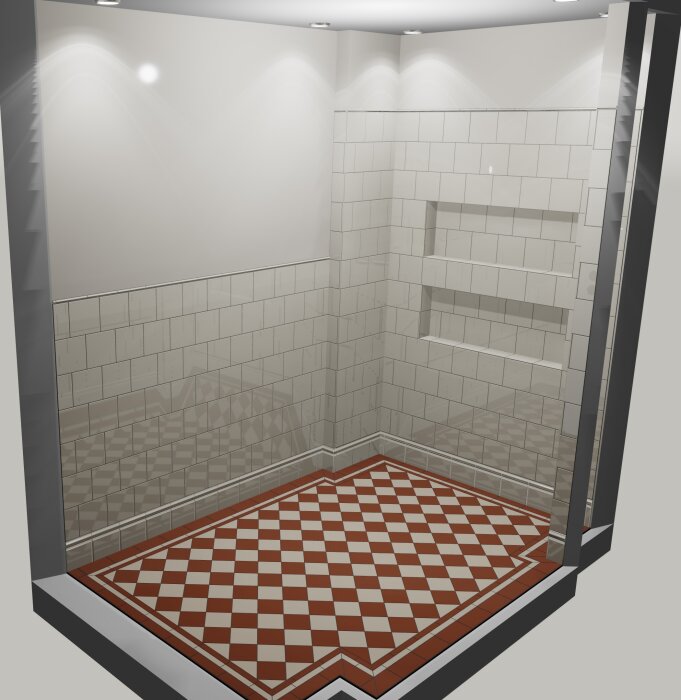 Vitt kakel på väggarna och röd-vit schackrutigt klinkergolv i ett badrumshörn med inbyggda hyllor.