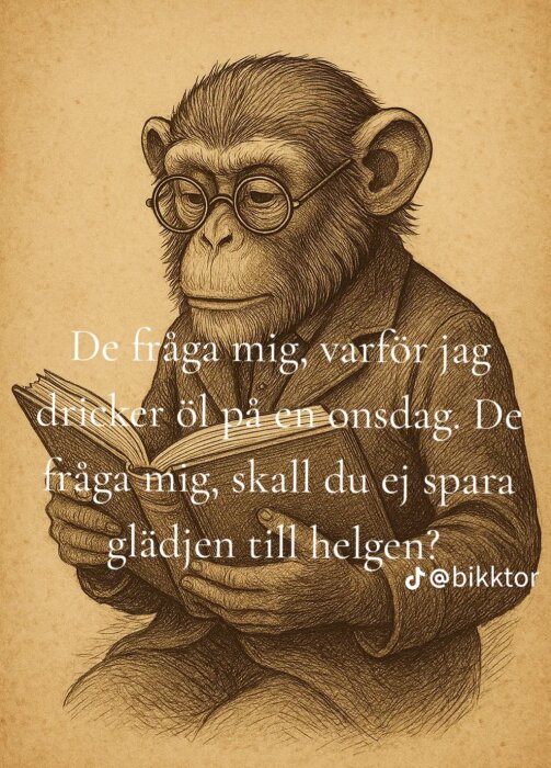 En tecknad apa med glasögon läser en bok. Text ovanpå bilden ställer frågan om varför någon dricker öl på en onsdag istället för att spara det till helgen.