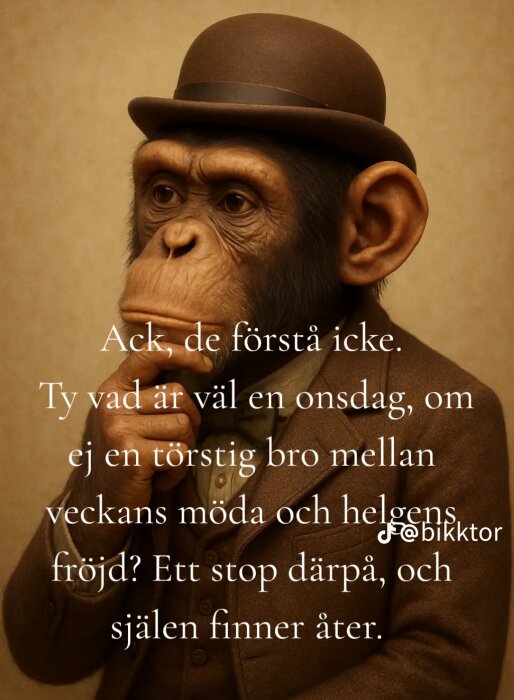 En apa iklädd kostym och hatt håller handen mot hakan i en eftertänksam pose, med en svensk text över bilden.