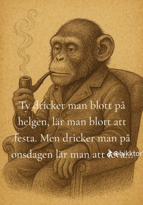 Tecknad apa i kavaj röker pipa, sittandes på en stol. Text om alkoholkonsumtion på helgen jämfört med onsdagar.