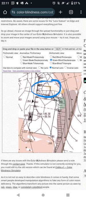 Karta med blå cirkel markerar område. Används i färgblindhetssimulator där grönt område kan uppfattas som rött vid färgblindhet.