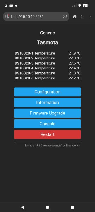 Tasmota-gränssnitt visar temperaturdata från sex DS18B20-sensorer samt kontrollknappar för konfiguration, information, firmwareuppgradering och omstart.