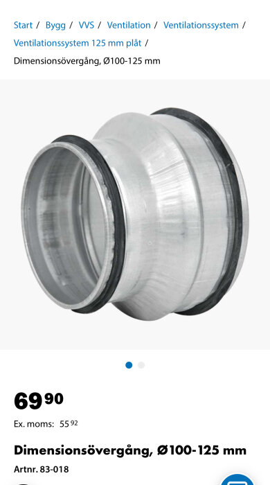 Dimensionsövergång i metall för ventilationssystem, Ø100-125 mm, visas i bild.